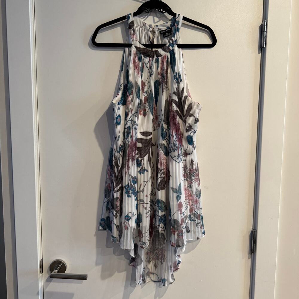 City Chic Floral Halter Neck Blouse White Pleated Hem Sleeveless Womens Sz M/18